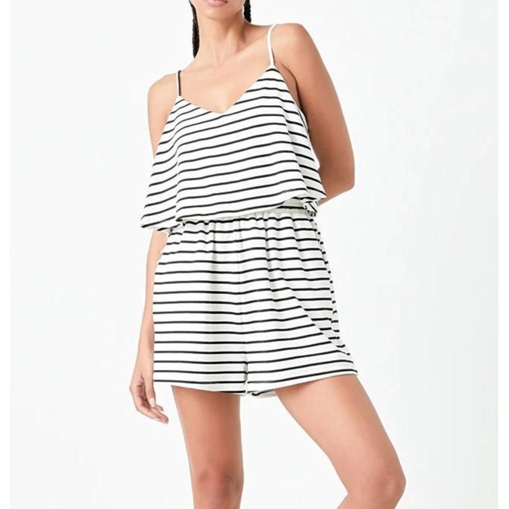 Grey Lab Women's Stripe Knit Spaghetti Strap Romper Shorts - Black/White - Sz M